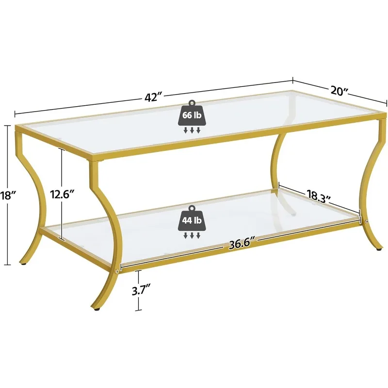 Mesa de centro dourada, mesa de centro retangular de vidro de 2 camadas com moldura curvada, mesa central moderna