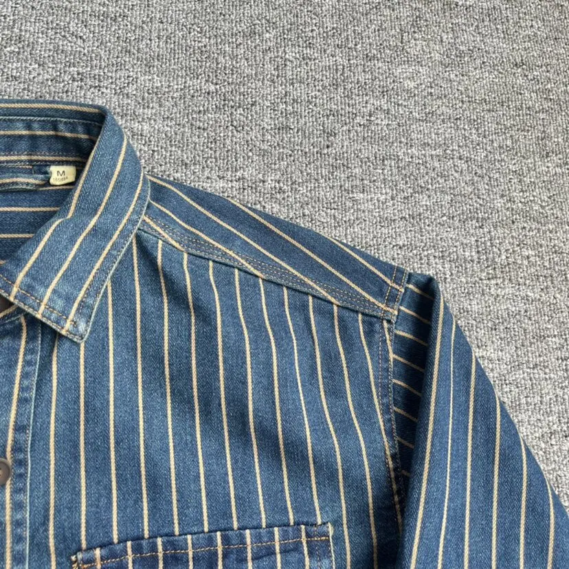 Neue Amerikanische Retro Cargo Gestreifte Hemden für Herren, Modische 100% Baumwolle Gewaschene Vintage Freizeithemden, Dünne Jacke, Schwere Lose Hemden – Detail 7