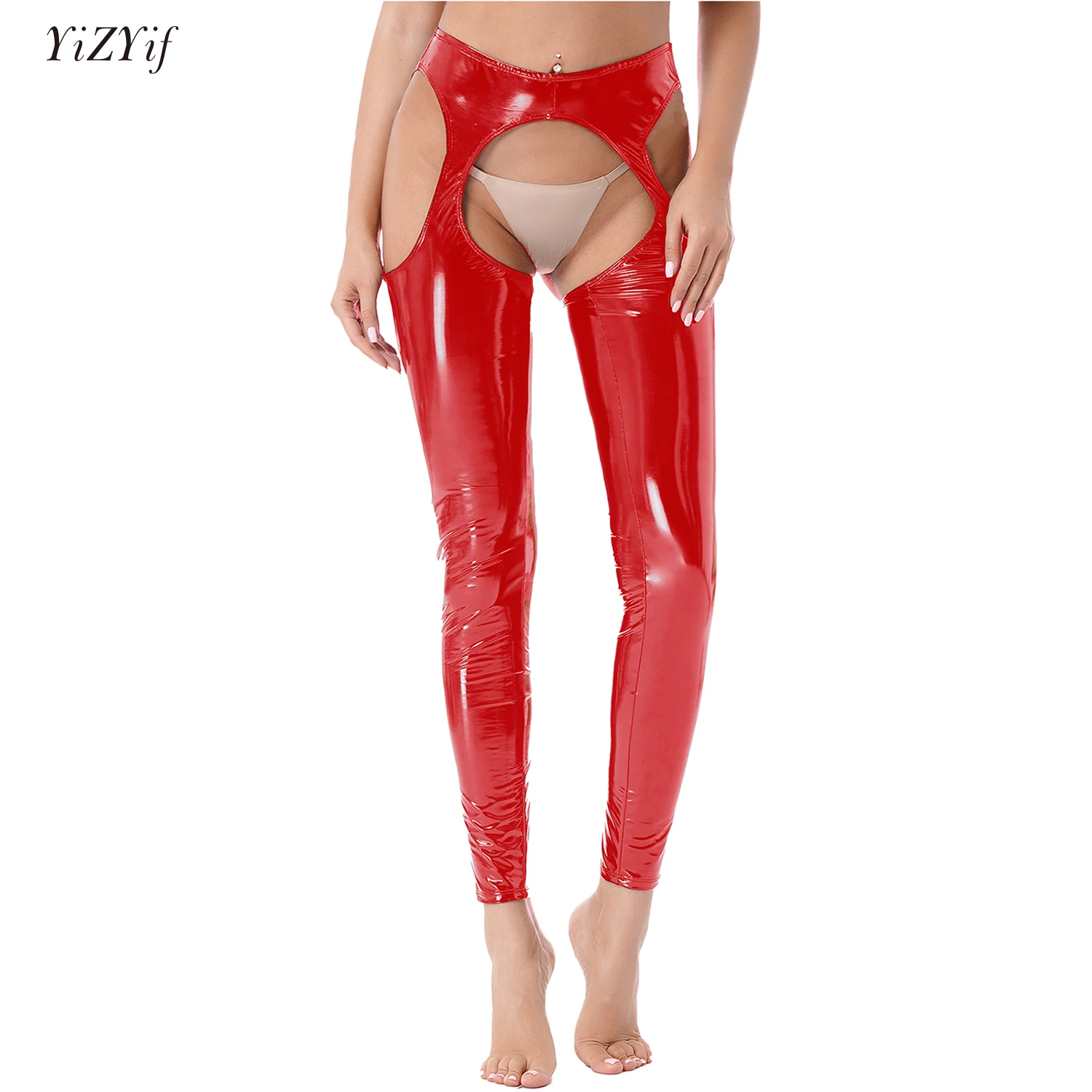 

Woman Sexy Latex Crotchless Open Butt Trousers for Dancing Nightclub Wetlook Patent Leather Cutout Pants Erotic Costume Leggings