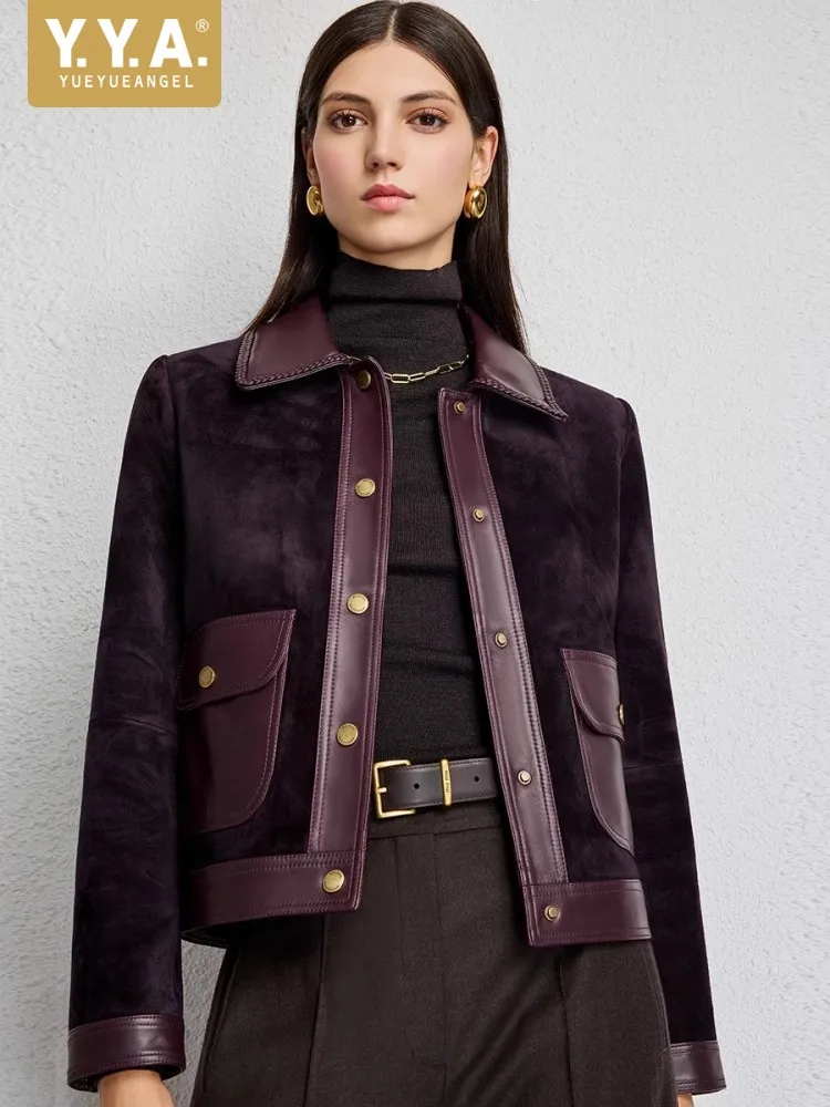 Vintage Office Lady Genuine Leather Short Jacket Single Breasted Handmade Woven Lapel Spliced High Quality Suede Sheepskin Coats