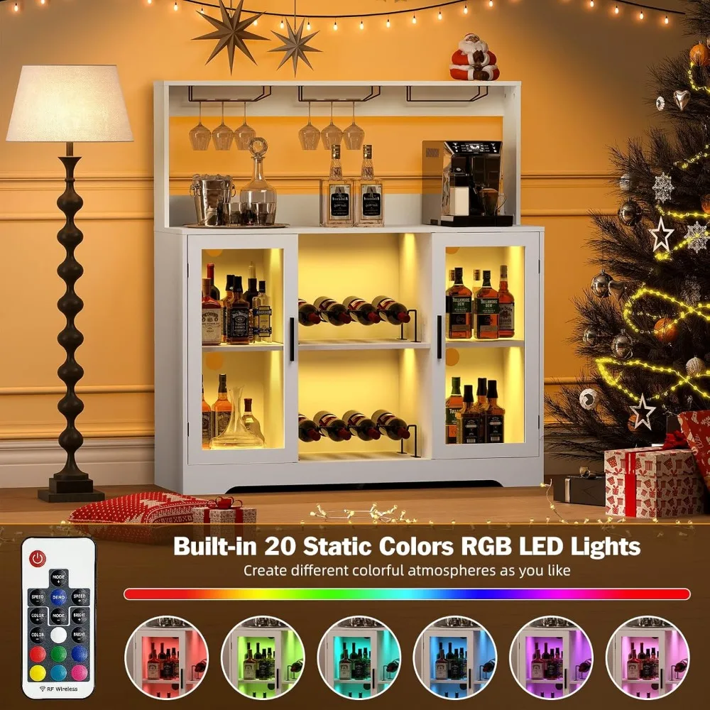 Armário de bar de vinho para casa, armário de bebidas com luzes LED, tomada de energia, armazenamento, suporte de óculos para sala de estar, sala de jantar