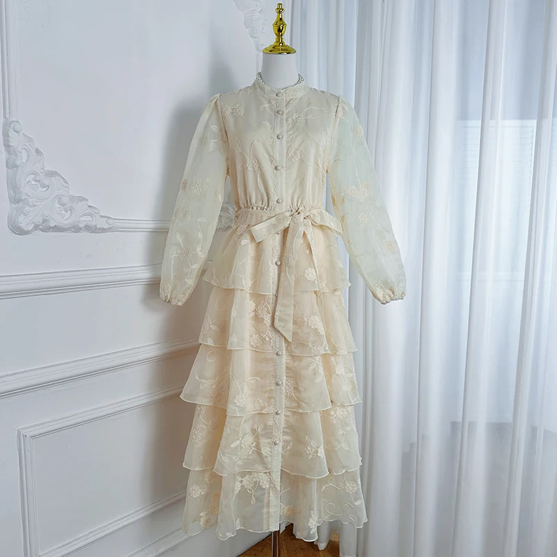 Outono retro sólido vestido feminino bordado impresso renda em camadas vestido único breasted gola mangas puff com cordão