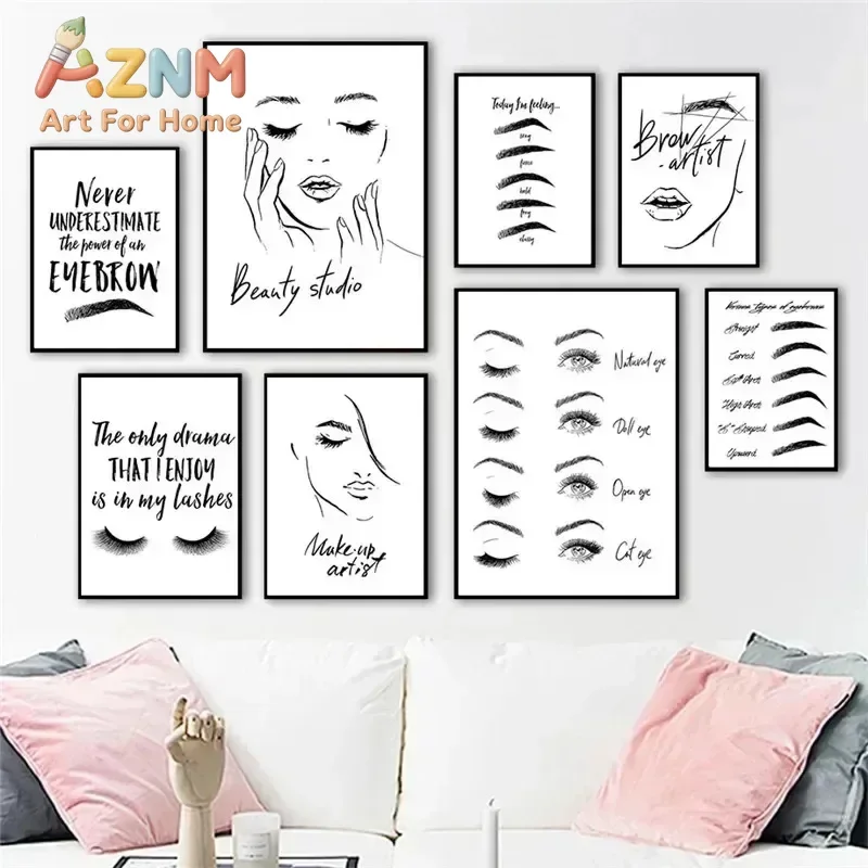 AZNM Beauty Studio Canvas Wall Art Eyebrow Eyelash Makeup Artist Line Art Frameless Print Poster for Salon Room Decor