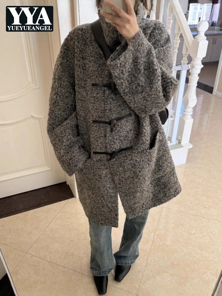 جديد أزياء المرأة البقرة القرن زر الصوف يمزج الوقوف طوق متوسطة طول معطف الصوف فضفاضة تناسب ملابس خارجية معطف الخريف الشتاء #1