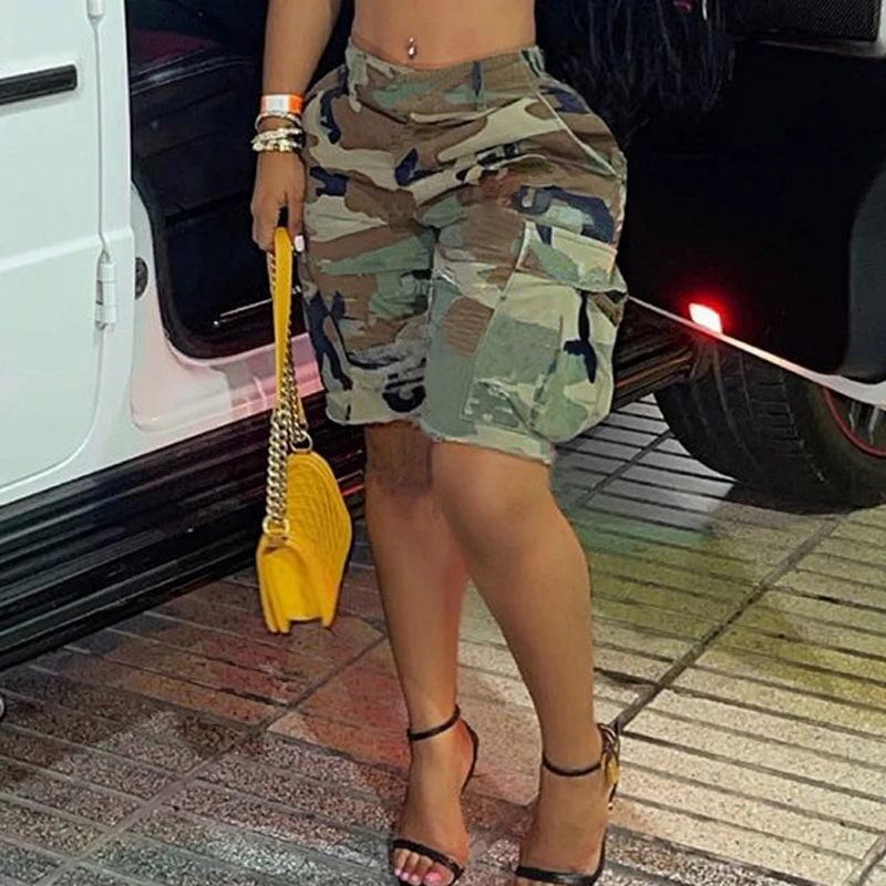 Neue Ankunft 2022 Hohe Qualität Sommer Mode Casual Camouflage Camo Hosen Frauen Shorts Cargo Tasche Halbe Hosen Für Damen