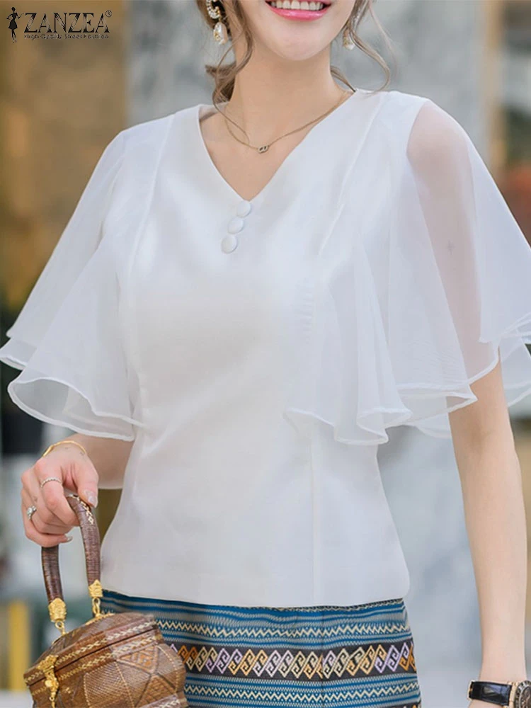 

ZANZEA Women Mesh Elegant Blouse Summer Short Sleeve Patchwork Shirts 2025 Fashion Satin Office Lady Tops V-Neck Silk Blusas