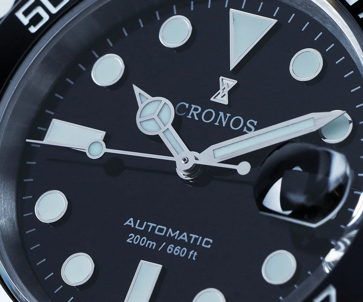 Cronos Sub Diver Men Watch Miyota 9015 Enamel Dial Brushed Bracelet Ceramic Bezel 200 meters Water Resistant Glideclasp L6045