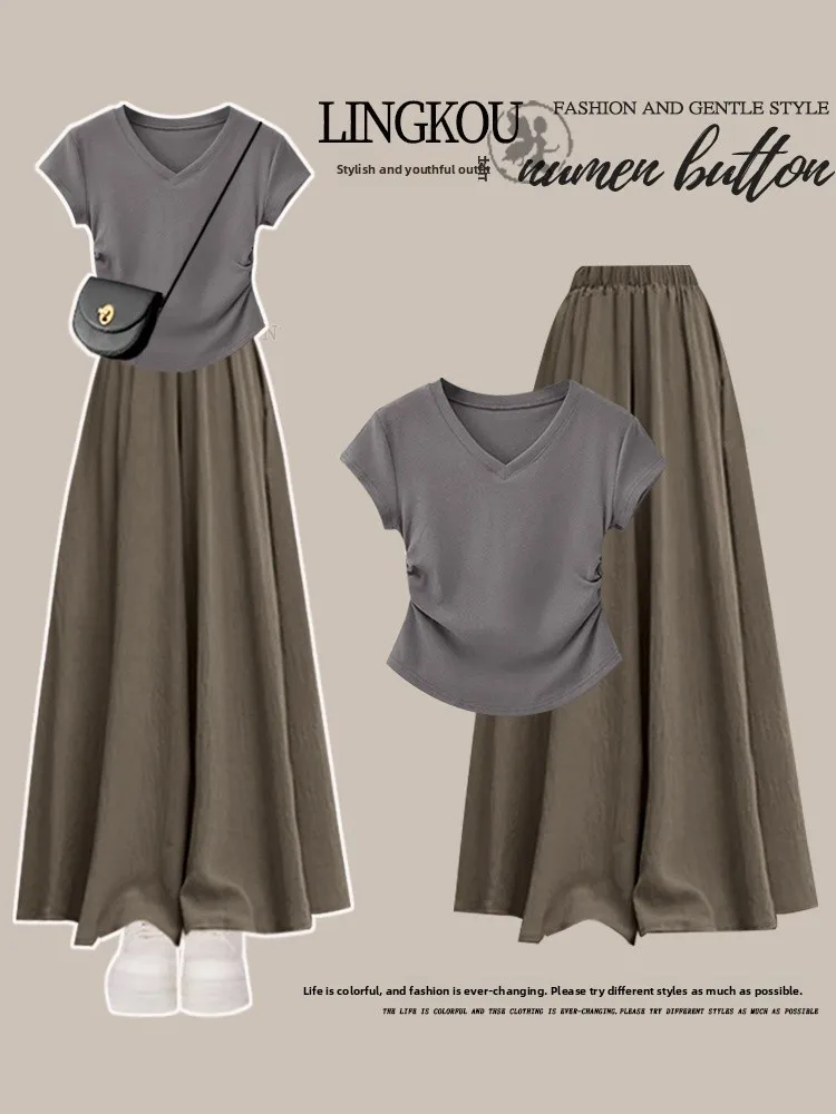 

Корейский стиль: женский комплект из укороченной футболки и брюк с высокой талией и широкими штанинами, летний повседневный комплект из двух предметов