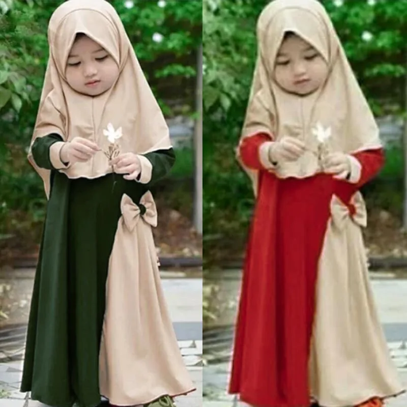 

Muslim Kids Girls Prayer Dress Hijab Abaya Robe Arab Dubai Children Ramadan Kaftan Headscarf Bow Islamic Eid Party Gown Robe