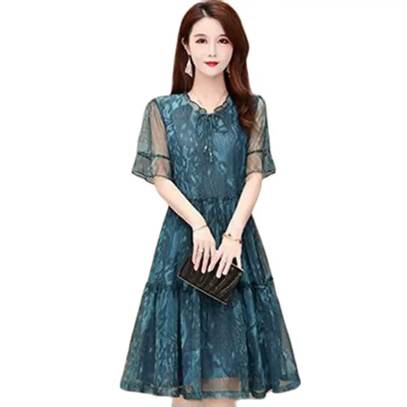 

The New Summer Floral Gauze Foreign Style Long Chiffon Dress Ladies Fashion Large Size Loose Slim Short Sleeve Mother Skirt Tid