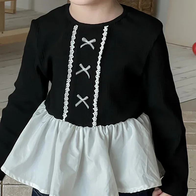 

Toddler Girls Black Long Sleeve Round Neck Shirt Autumn New White Ruffle Hem and Bow Detail Top for 2-7 Girls