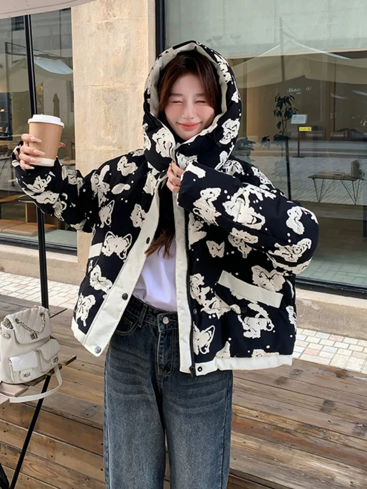 Winter Print Butterfly Hooded Parker Down Jacket Women White Duck Down Patchwork Jackets Coat Female Zipper Warm Thick Outwears