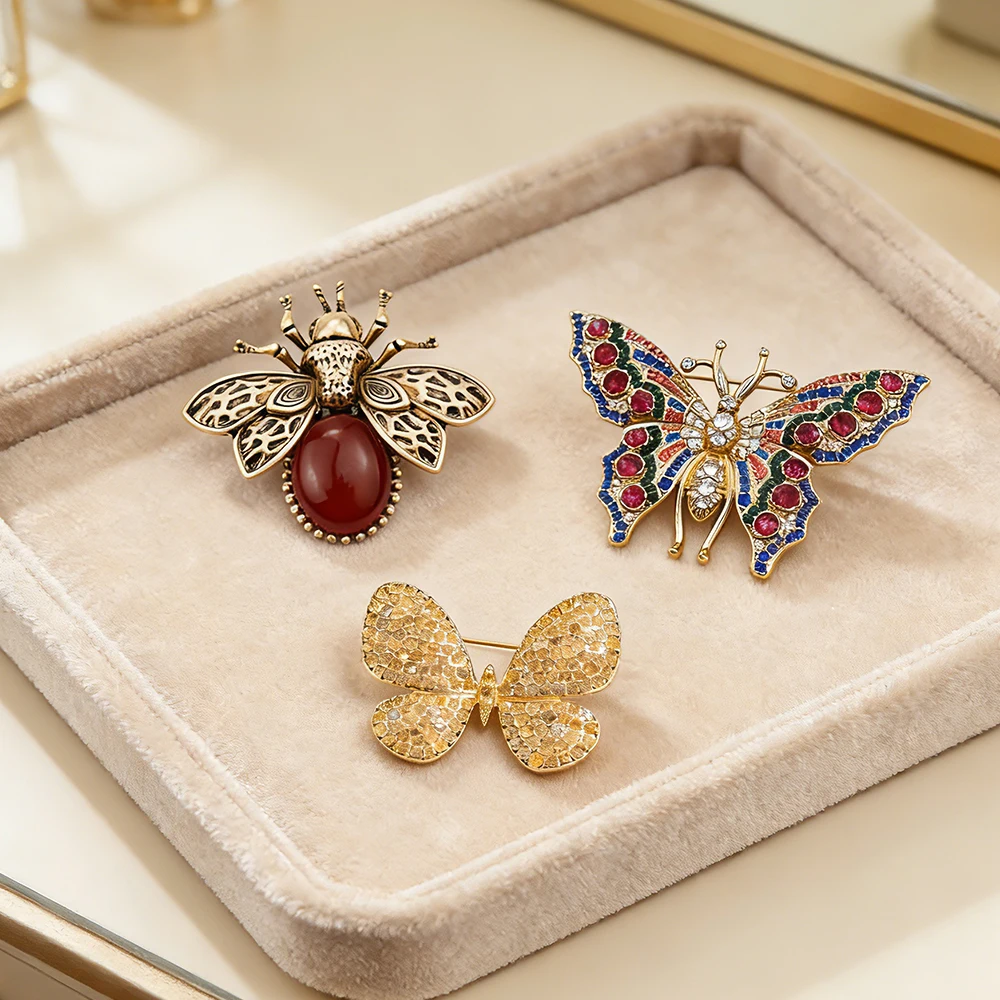 3-Piece Bee & Butterfly Brooch Set with Crystal & Enamel Accents Artisan Crafted Nature-Inspired Fashion Jewelry for Women
