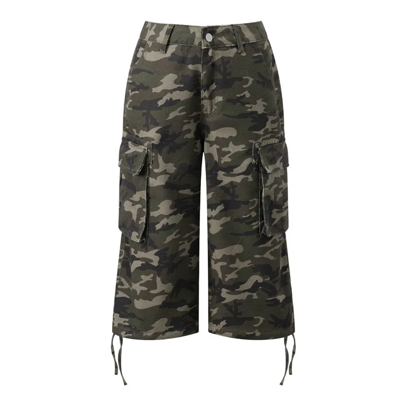 Women Y2K Cargo Bermuda Shorts Low Waist Drawstring Hem Loose Fit Multi Pocket Aesthetic Camouflage Denim Shorts Streetwear
