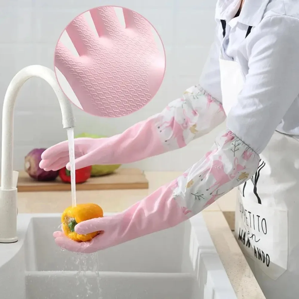

New Single Layer Dishwashing Gloves Elastic Band Mouth Extended Sleeve Waterproof Gloves Thick Non-slip Rubber Gloves Kitchen