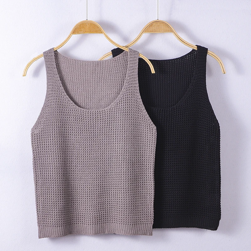 

Solid color round neck knitted top elegant sleeveless short vest autumn women's clothing