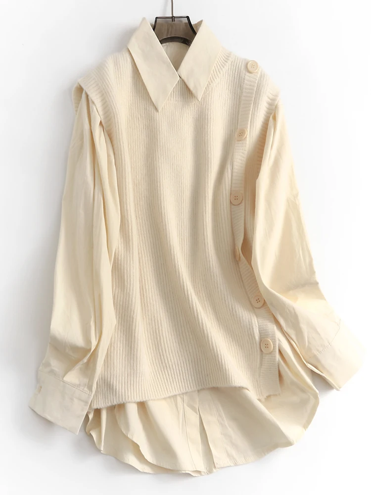 

V919 Pure Color Knitted Vest Layering Long Sleeve Collared Women's Shirt Autumn Winter New Style Versatile Cotton Loose Fit