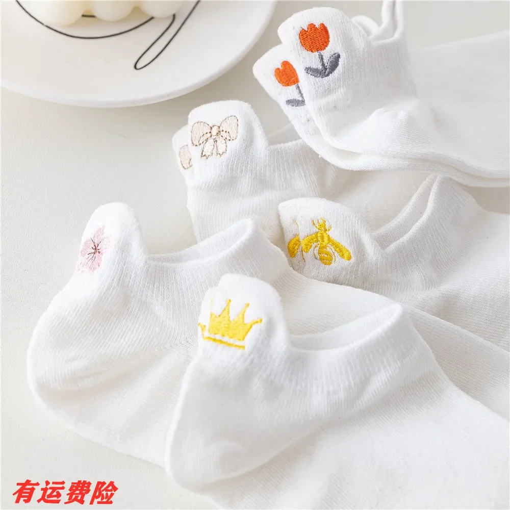 1PR Socks Women\'s Summer Thin Sweet Embroidered Flower Shallow Mouth Low Cut Short Tube Socks Summer Thin Student Low Cut Socks