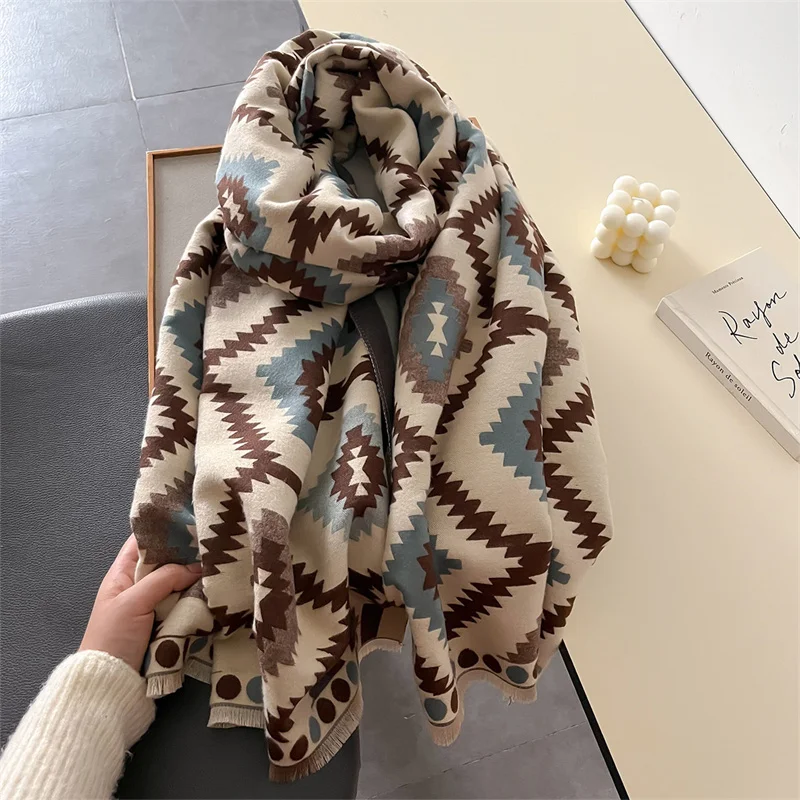 Designer Luxury Women\'s Winter Outdoor Cold-Proof Imitation Cashmere Double-Sided Print Warm Scarf Shawl Pashmina Stole