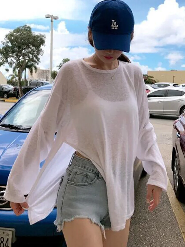 2026 Women T-shirt Summer White Long Sleeve Sun Cover-up Sexy Thin See Through Women's Tees Korean Trendy Slit  Loose Fit Tops
