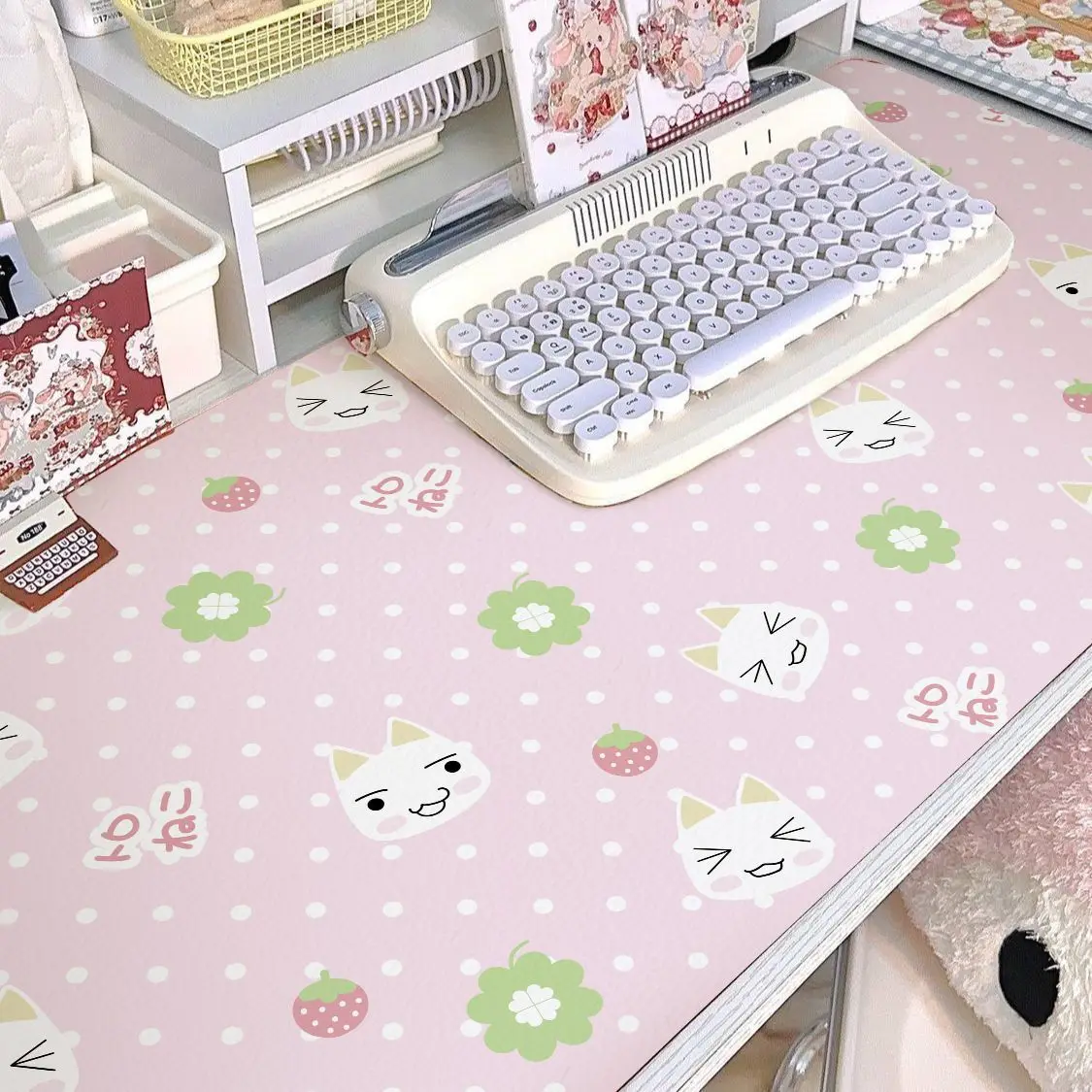 Leather Desk Pad Protector Cute Polka Dots Anime Strawberry Mouse Pad Office Desk Mats Waterproof Oilproof PU Desk Keyboard Pad