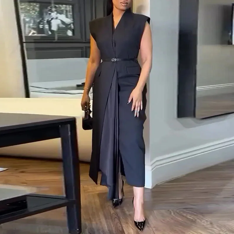 Bürodamen V-Ausschnitt Plissiertes Maxikleid Elegantes Einfarbiges Ärmelloses Schlankes Pendlerkleid Modisches Schnürkleid mit Hoher Taille Partykleider