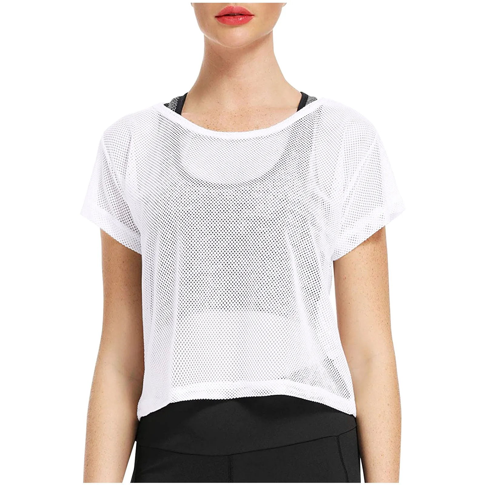 Womens Sexy Sheer Mesh T-Shirts Summer Fashion Thin Short Sleeve Soft Solid Crop Tops Tee Cover Up Quick Dry Yoga Sportwear