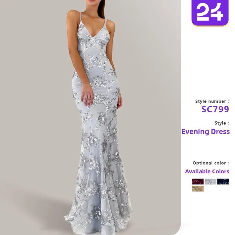 Nuovo 2025 delle donne Dr Ebay Strapl V-ne Bal iny Paillettes Abito con cintura Estate Pendolarismo Sle Princ Gonna