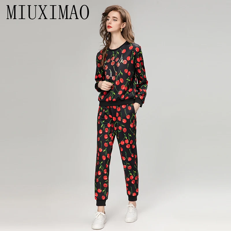 MIUXIMAO 2023 Fall sets for women 2 pieces Luxury Sicily Elegant Set Prints Cherry Top+ Slim Pants Fashion  pants sets  women