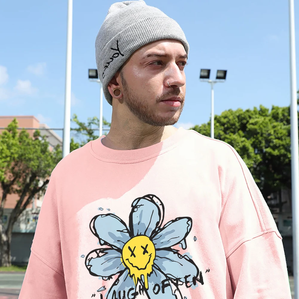 

Withering Flowers And Distorted Smiling Face Mens Hoodies High Street Hip Hop Pullover Oversize Casual Couple Cotton Sweatshirt