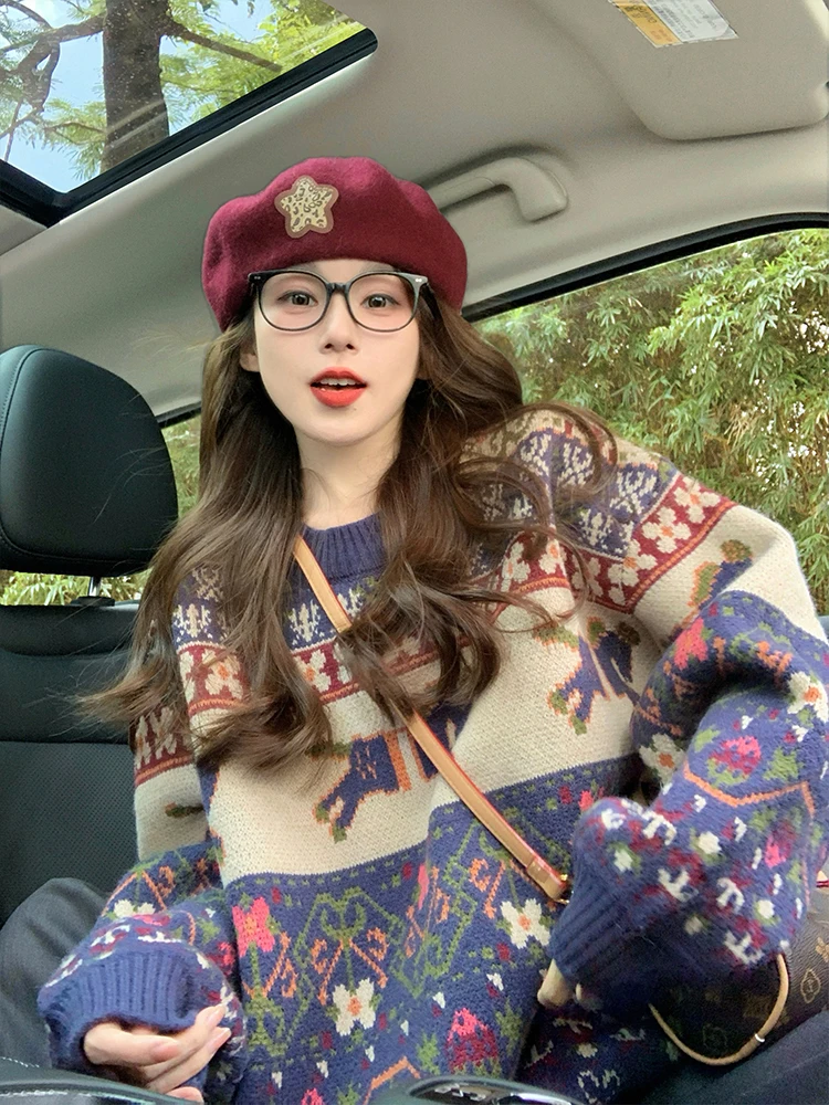 

Ele Retro Knitted Sweater Women's Autumn Winter Thiened Loose round Ne Knitwear Comfortable Warm Faionable New Arrival