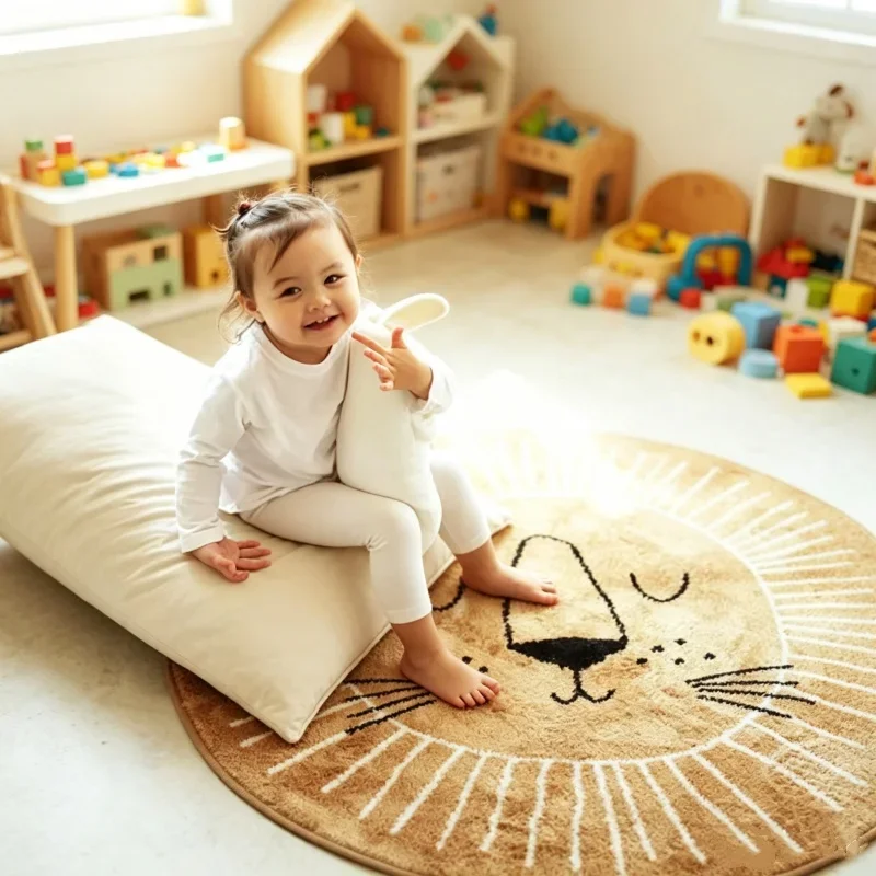 Nordic Cartoon Round Play Mat Lion Pattern Baby Activity Rug Living Room Carpet Newborn Photography Prop Home Kids Floor Mat