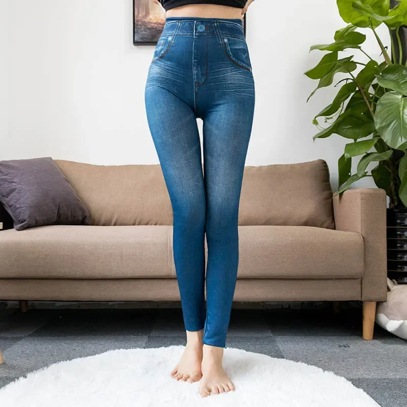 2023 Women's Spring and Summer Tight Imitation Jeans, Smart Slim Fashion, Large Tight Pants, False Pocket Women's Fitness Pants