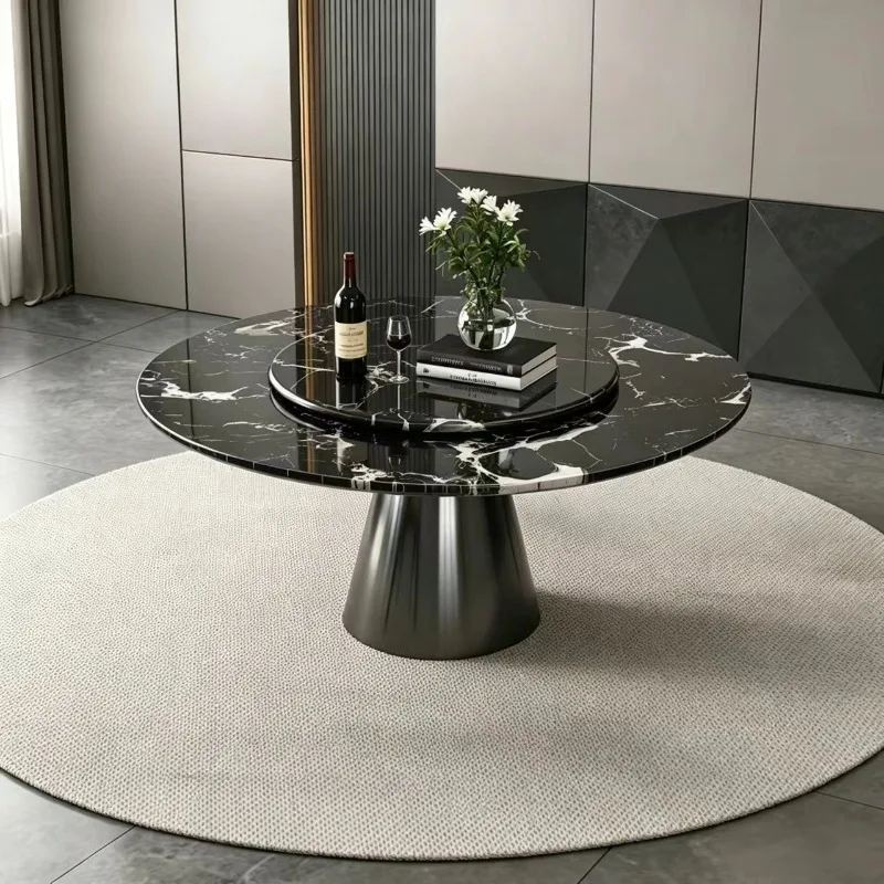 Natural marble dining table, Bulgari Black, imported luxury stone round table, Italian light luxury home round dining table, din