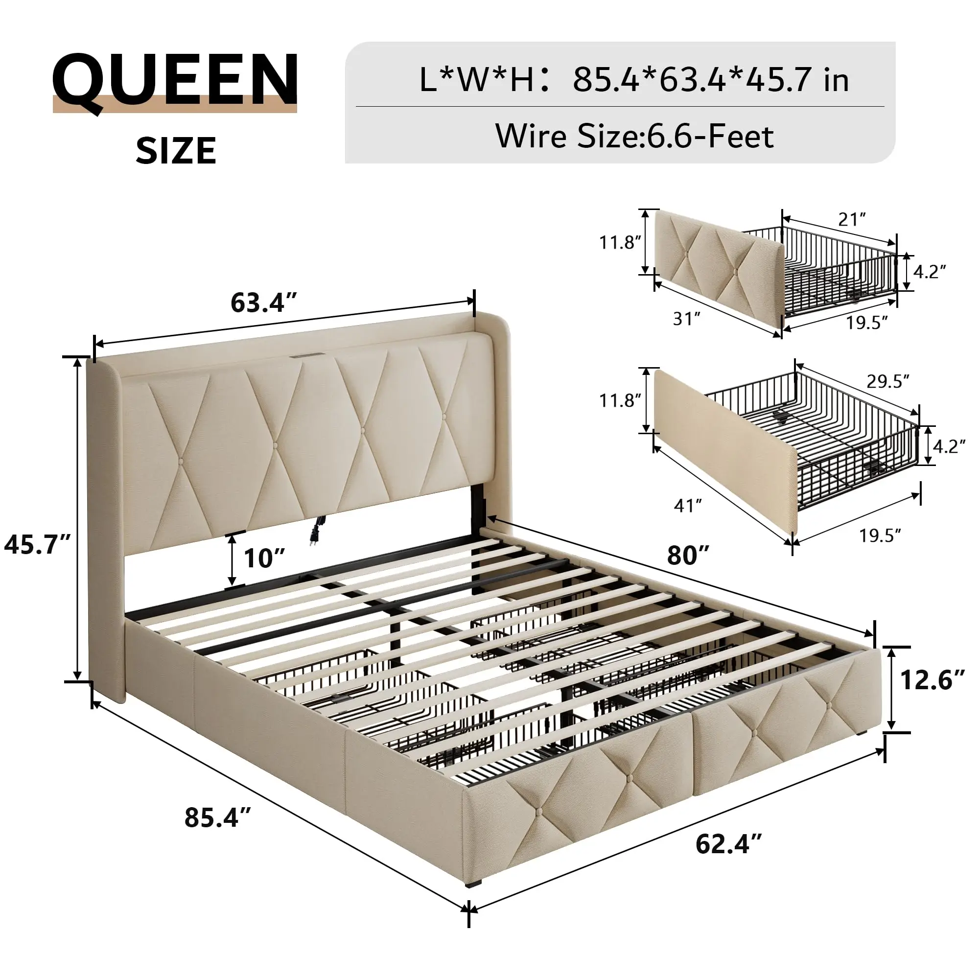 Queen Bed Frame with 4 Storage Drawers, Upholstered Platform Bed Frame with Charging Station, Wingback Storage