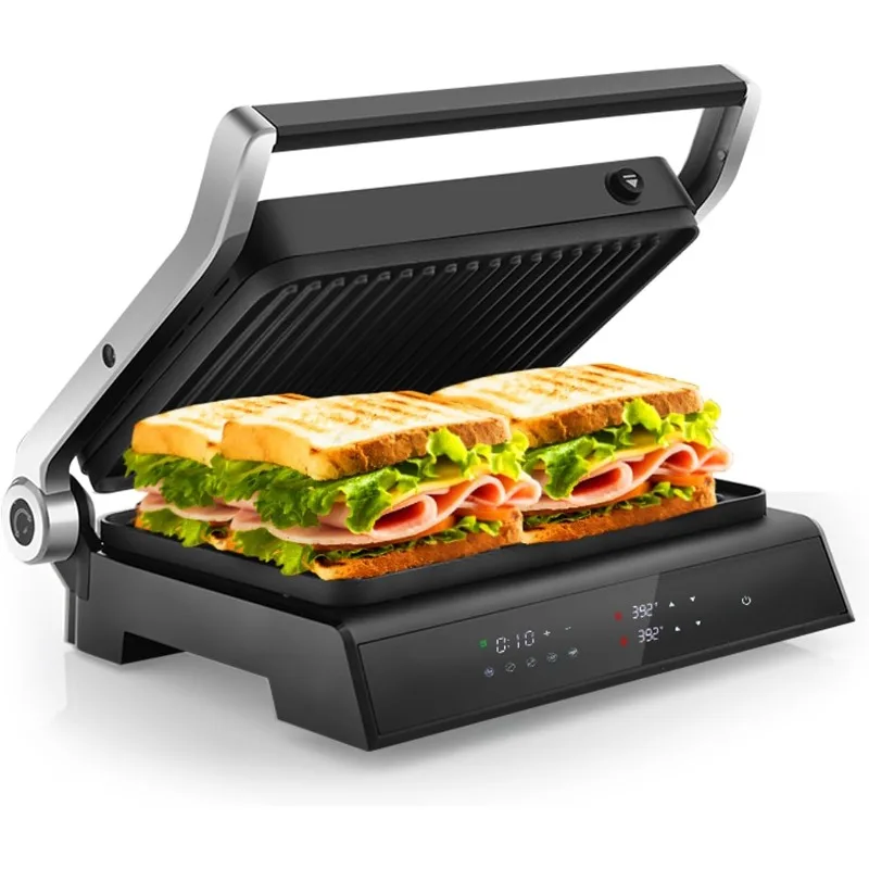 KOTEK Panini Press Sandwichmaker, 1200 W 4-Scheiben-Sandwichtoaster, herausnehmbarer Tropfschale und antihaftbeschichtete Platten, offen 180 °