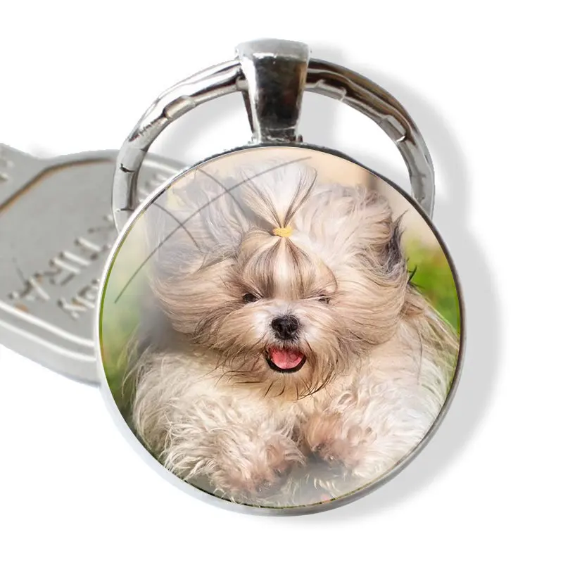 Keychain Glass Cabochon Metal Pendant Classic Men\'s Women\'s Keyring Shih Tzu Shitzu Dog Puppy Print