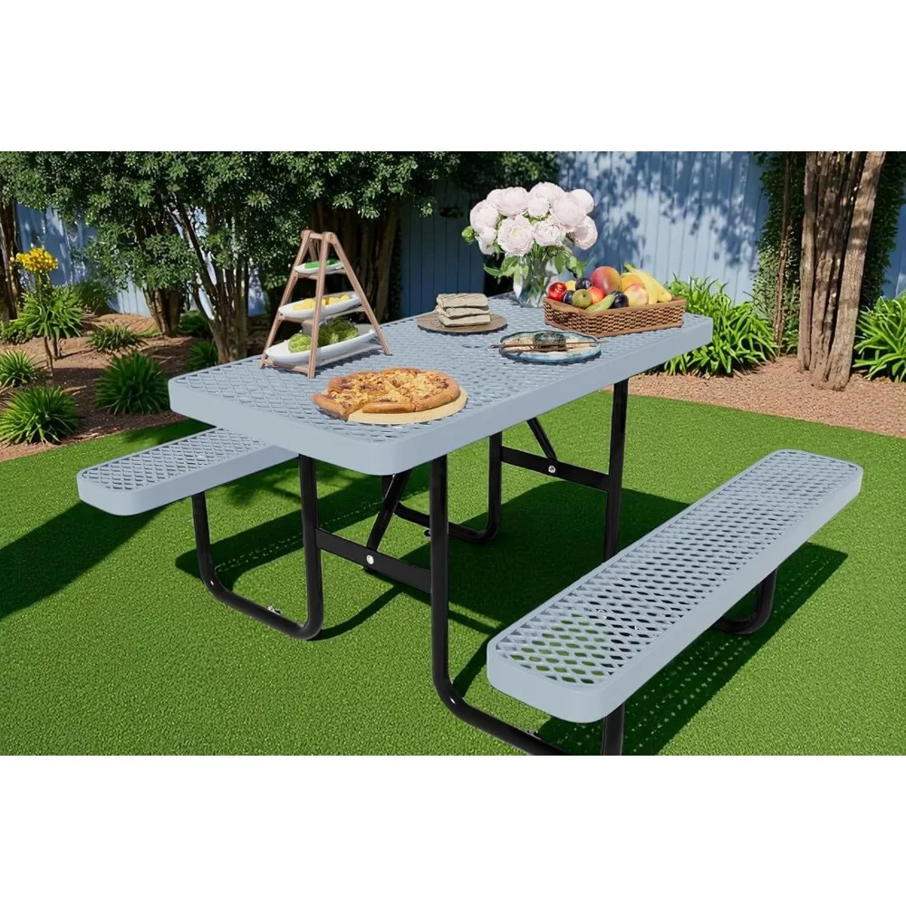 

4 FT Heavy Duty Picnic Table with 2 Benches, Expanded Metal Outdoor Patio Dining Table with Umbrealla Hole Commercial Picnic Tab