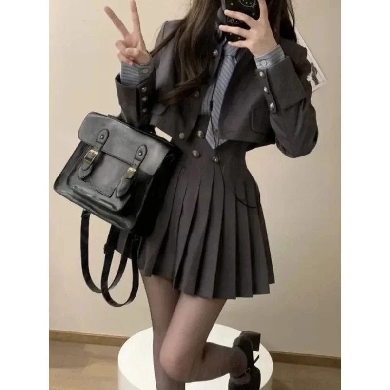 الشتاء خمر 3 قطعة مجموعة المرأة المرقعة Kawaii تنورة دعوى الإناث الكورية موضة معطف قصير مطوي تنورة مخطط قميص 2024