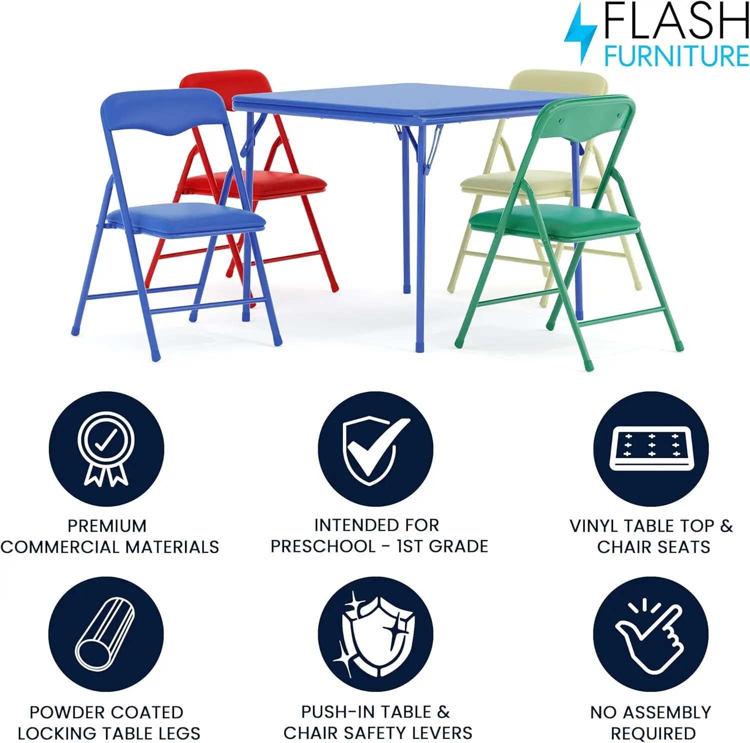 5-Piece Folding Square Table and Chairs Set for Kids, Daycare, Classroom, Multicolor Activity Furniture