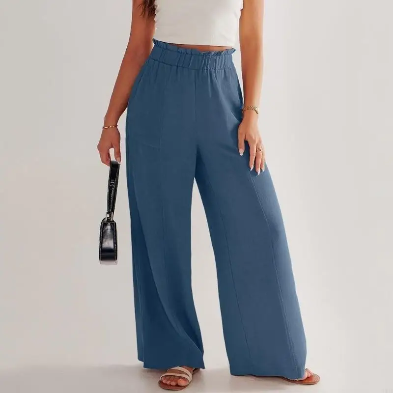 39BC กางเกงลินินผู้หญิงกางเกงขากว้างลำลองหลวมกางเกงเอวสูงกางเกง Flowy