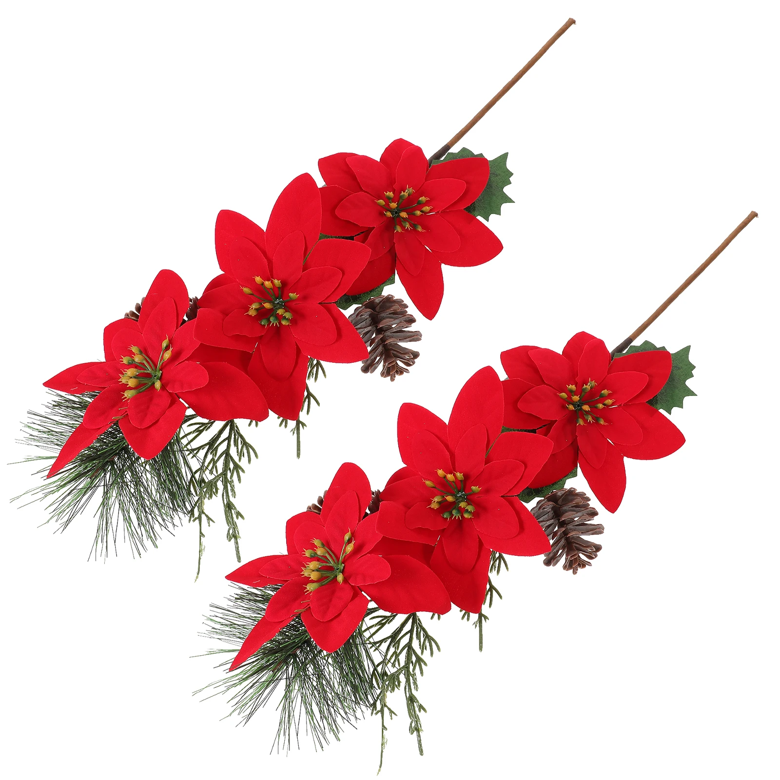 

2pcs Christmas Poinsettia Picks Realistic Decor Flower Arrangement Xmas Tree Ornaments Festive Red Color Plastic Lint Material