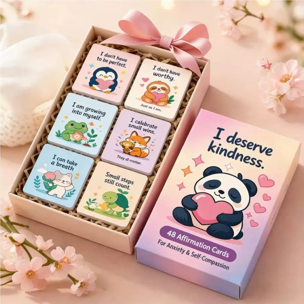 48 cute animal positive affirmation card set, daily mindfulness self-care positive thinking, portable encouragement card gift