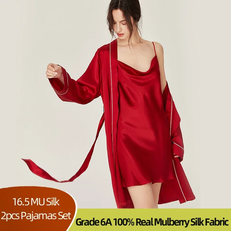 Red Silk Wedding Wedding Kimonos Gown Bathrobe 100% Mulberry Silk Nightgown Women's Sleepwear Nightdress Robe 2 Piece Silk Set