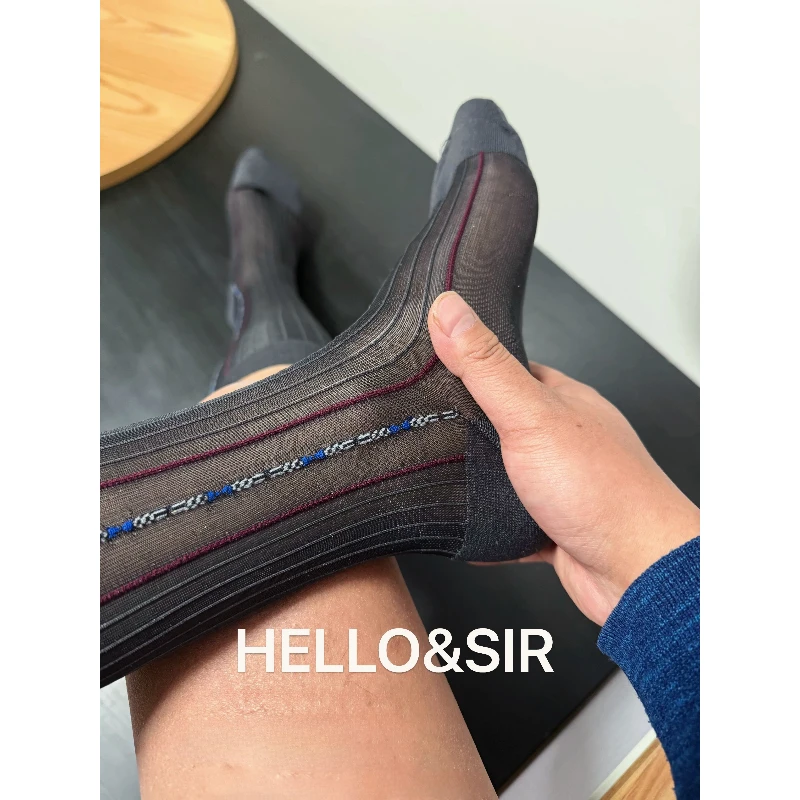 New Brand Men Socks Man Knee High Business Sheer Formal Dress Socks Large Elastic Calf Sexy Transparent Stripe Business TNT Sock view 6