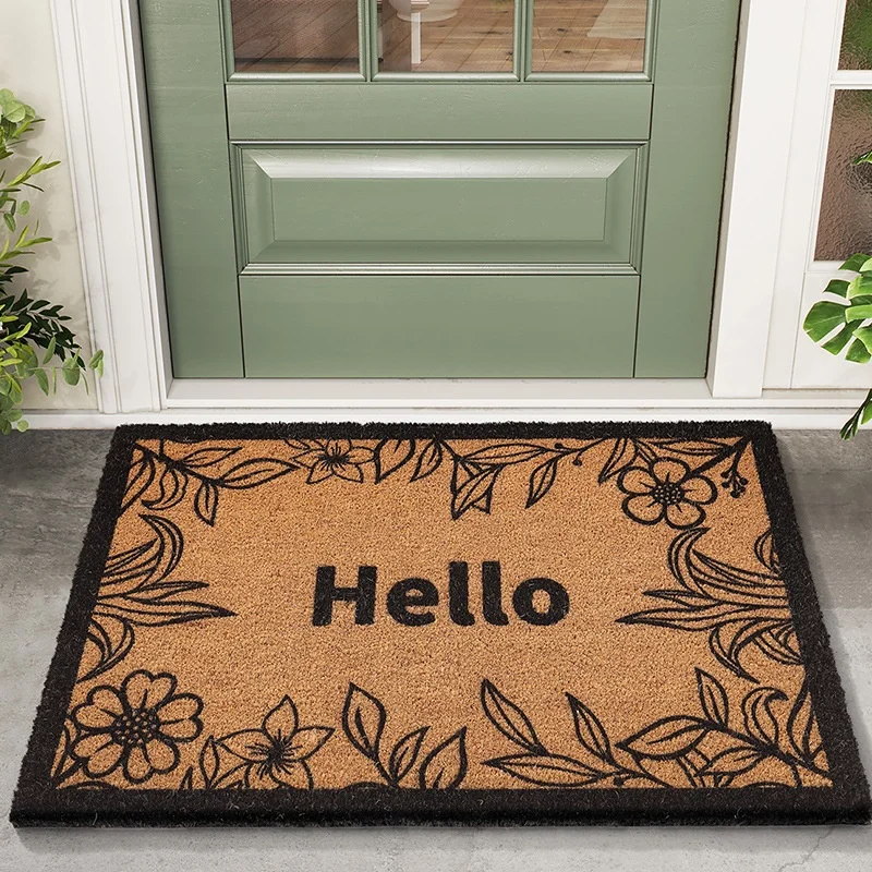 Newest Black Floral Frame Floor Mat Hello Coconut Fiber Doormat Non Wear Front Entrance Welcome Mat