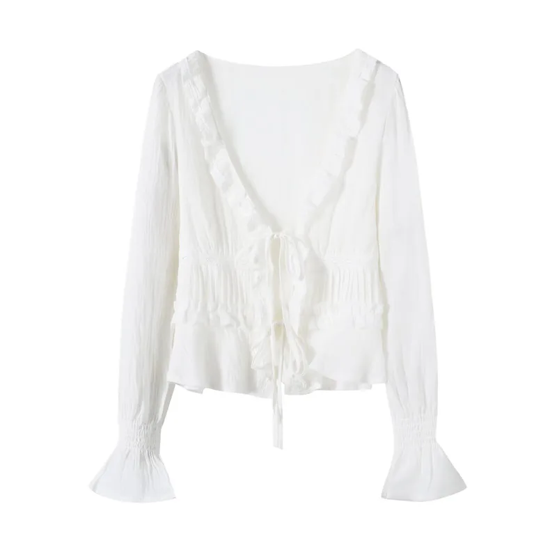 

Withered Casual V-neck Chiffon Embroidered Layered Decorative Shirt For Women Clothes Shirts & Blouses Women Clothes Shirts Top