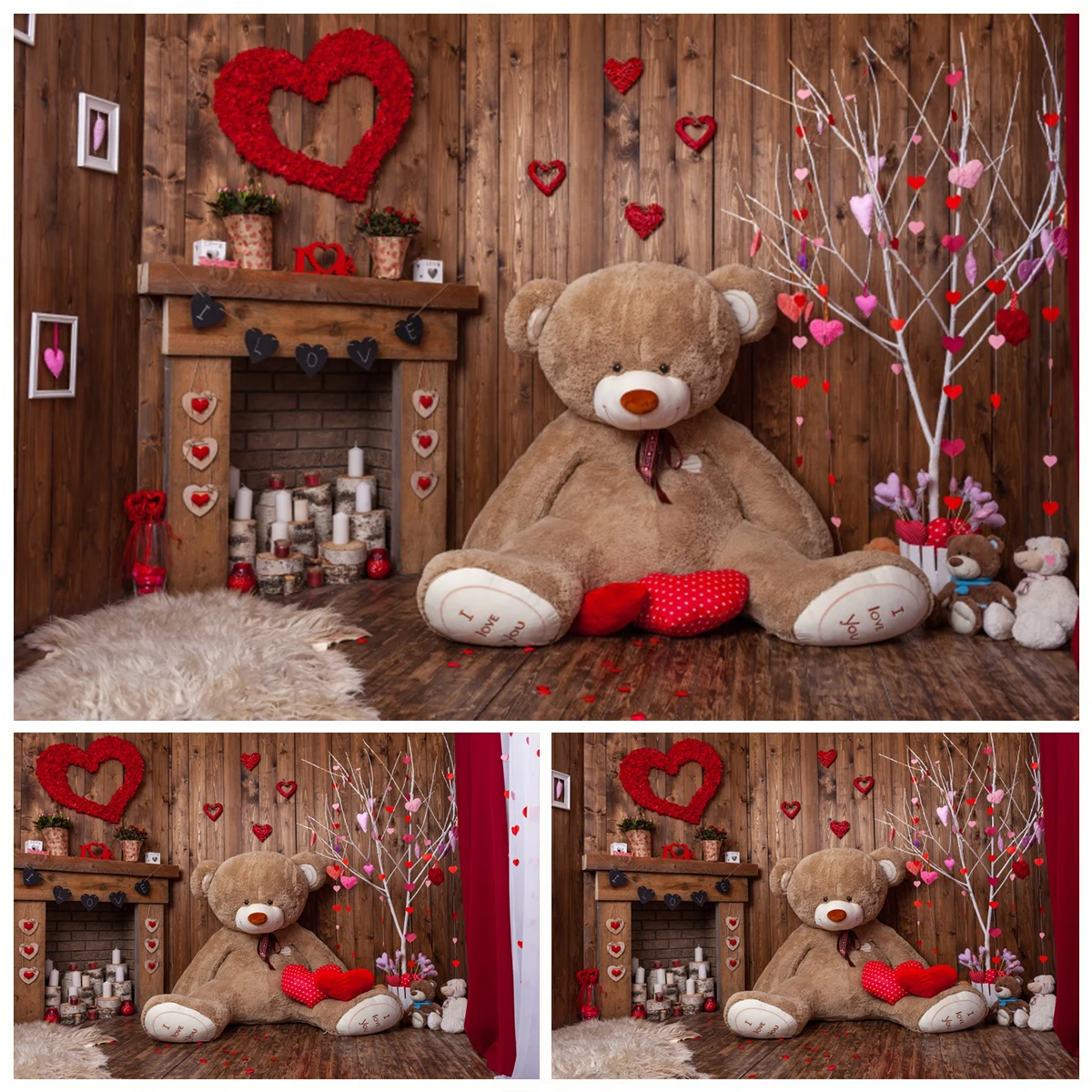 Valentine's Day Photography Backdrop Cute Toy Bear Wooden Floor Love Heart Floral Kids Birthday Portrait Decor Photo Background