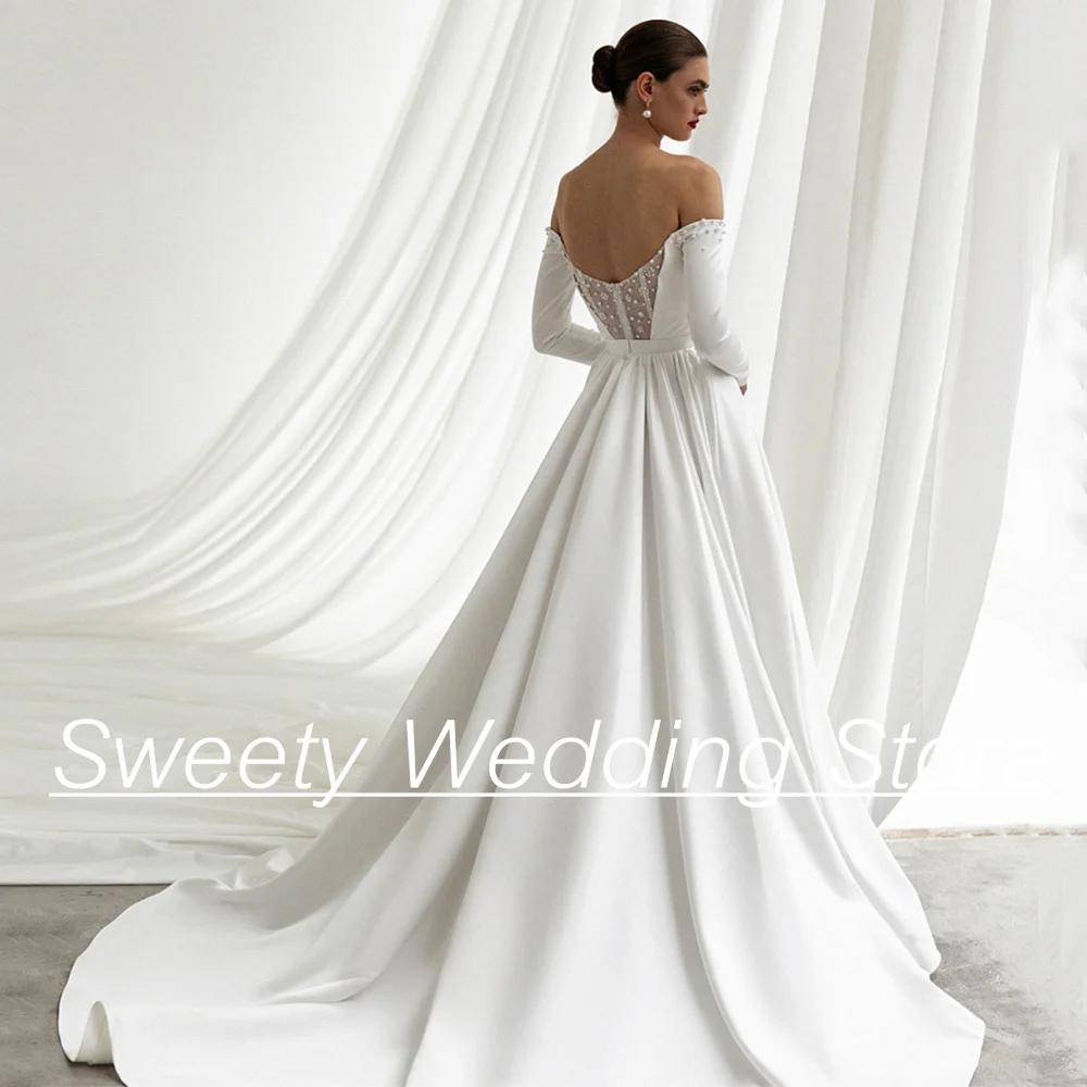 Wedding Dress 2024 New Arrival Long Sleeves Boat Neck Pearl Slit Satin Bridal Gown Court Train A Line Bride Dresses for Woman