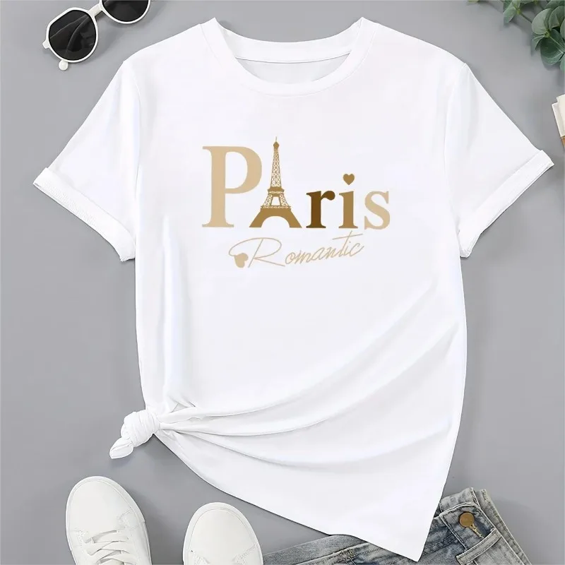 Paris Printed Round Neck T-shirt Summer Cotton Casual Short Sleeved Women's Fashion Loose T-shirt Fashion Street Top